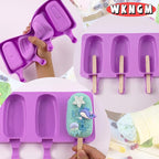 3pcs Large Silicone Popsicle Molds with Lids,4 Cavities Cake Pop Molds,Oval Ice Cream Bar Mold Ice Pop Cakesicle Molds Silicone with 100 Wooden Sticks & 100 Bags &100 Twist Ties(Purple)