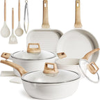 Kikcoin 16Pcs Pots and Pans Set Nonstick Ceramic Cookware Sets Induction Kitchen Cooking Set Non toxic Healthy Non Stick w/Grill Pan,Saute Pan, Ceramic White