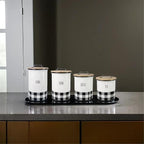 Young's Inc. 4 Pcs Set Plaid with Bamboo Lids Ceramic Canisters- Storage Container for Kitchen and Bathroom - Beautiful Home Decor Accent to Store Food, Coffee, Tea, and More - Black, White