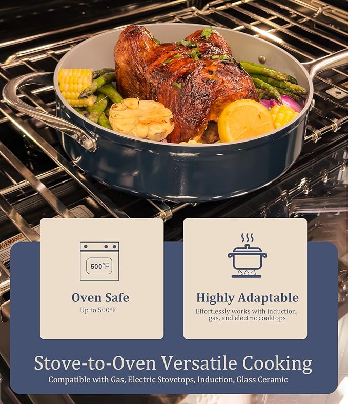 3.5QT Nonstick Ceramic Sauce Pan with Lid 8" Soup Pot Even Heat Distribution, Non Toxic PFAS-Free Healthy Cooking Pot for All Stovetops (Induction/Gas/Electric) Oven Safe 500°F, Navy Blue