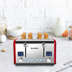 Toaster 4 Slice, KitchMix Bagel Stainless Toaster with LCD Timer, Extra Wide Slots, Dual Screen, Removal Crumb Tray (Red)