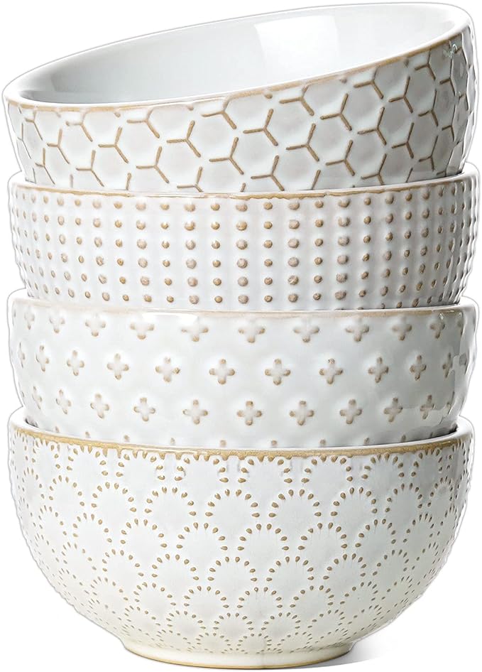 LE TAUCI Small Bowls 12 OZ, Ice Cream Bowl, Ceramic Embossment Stoneware Bowl, Bowls Set for Dessert, Fruits, Side Dishes, Suit For Housewarming - 4.5 Inch, Set of 4, Arctic white