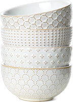 LE TAUCI Cereal bowls 26 oz, Ceramic Soup Bowl for Kitchen, Embossment Stoneware Bowl for Pho, Chip, Fruits, Salad, Noodle, Ramen, Suit For Housewarming - 6 Inch, Set of 4, Arctic white