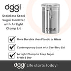 Oggi Stainless Steel Sugar Canister 62 fl oz - Airtight Clamp Lid, Clear See-Thru Top - Ideal Sugar Container for Countertop, Sugar Jar, Bulk Sugar Storage. Large Size 5" x 7.5".