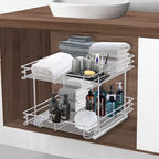 FULGENTE Chrome Finish Pull Out Drawer Cabinet Organizer 2 Tier (17" W * 21" D*15.12''H) Professional Sliding Pantry Shelves Under Kitchen Bathroom Sink Wire Drawer Storage Roll Out Shelf Basket