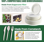 250 Pcs Biodegradable Paper Plates Set Disposable Dinnerware Set, Eco Friendly Compostable (EXTRA LONG UTENSILS), Utensil include, Forks, Knives and Spoons for Party andBirthday party, camping