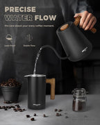 POLIVIAR Electric Gooseneck Kettle, 1350W Electric Tea Kettle Wood Pattern Handle, 34oz Pour Over Electric Kettle for Coffee & Tea, 18/8 Stainless Steel Inner, Temperature Control & Rapid Heating