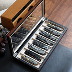 Knife Display Case Organizer storage 8 pocket knives, Folding Knife Holder with Real Glass Window Top， Pocket knife collection box for men gift (Walnut Veneer 8 slot)