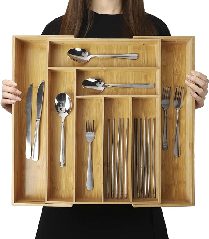 Expandable Bamboo Drawer Organizer – Large 20"x16.9" Size with Adjustable Dividers – for Kitchen Utensils, Knives, Cutlery, Flatware & Silverware Storage Tray