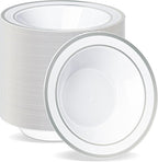 BESTVIP 100 Pack Plastic Disposable Soup Bowls, 12 oz White Dessert Bowls with Silver Rim, Heavy-duty Salad Bowl for Party, Wedding, Christmas, Thanksgiving, Dinner, Catering