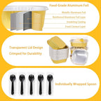 FORBFAN 150 Pack Mini Cake Pans with Lids and Spoons, 8 oz Aluminium Foil Square Brownie Baking Cups, Disposable Ramekins Cupcake Tins Gold