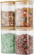 37oz Airtight Glass Square Storage Canisters with Bamboo Lids Set of 4 (1100ml) Striped Stackable Containers, Kitchen Jars for Pantry Noodles, Flour and Coffee beans (‎with Black Lable)