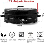 19” Turkey Roasting Pan Enamel Oval Granite Large Roaster Pan with Lid with 17in Inner Diameter Large Capacity Suitable for Thanksgiving Enamel Cook Ware Dishwasher Compatibility Oven Christmas Gift
