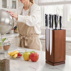 360° Rotating Magnetic Knife Block without Knivies, Acacia Wood Knife Holder with Removable Bristles, Large Capacity Knife Storage Organizer for Kitchen Countertop