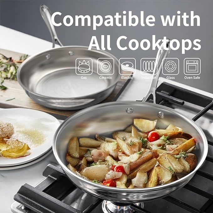 11 Inch Stainless Steel Frying Pan, 5-Ply Stainless Steel Skillet, Dishwasher and Oven Safe, Induction Pan, Even Heat Distribution