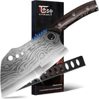 Meat Cleaver Chef Knife with Sheath, 7.7 Inch Butcher Knife with Herb Stripper, Chopping Knife Heavy Duty Bone Cutting, Damascus Pattern Full Tang Wood Handle, Birthday Gift for Men