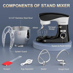 Stand Mixer, POWWA 6.5 QT 10 Speeds Tilt-Head Electric Stand Mixer, 3-In-1 Kitchen Mixer with Bowl, Dough Hook, Whisk and Beater, Food Mixer for Baking and Daily Use (Black White)