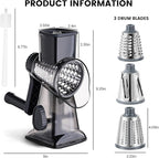 HANSGO Rotary Cheese Grater Hand Crank, Shredder Slicer Grinder, 3 Large Diameter Metal Blades & Cleaning Brush, Non-slip Suction Base, Labor-Saving Handle, Kitchen Gadgets for Cheese, Vegetable, Nuts