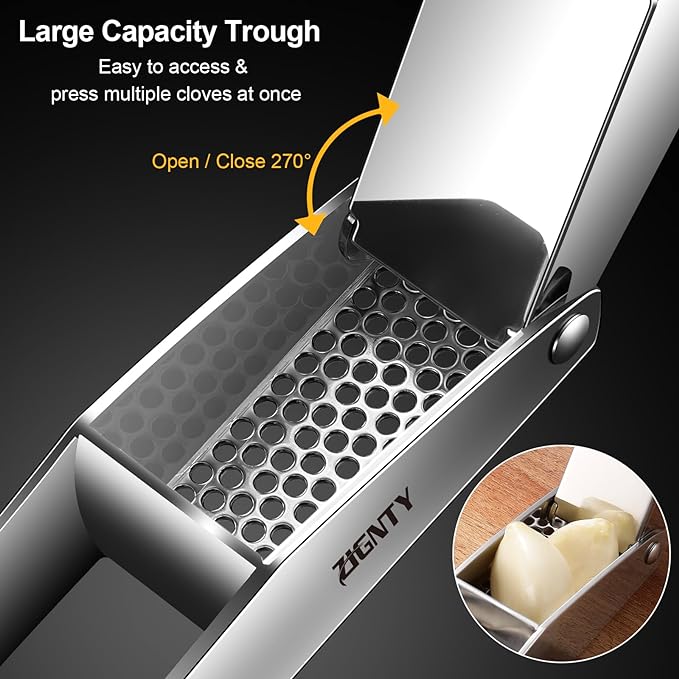 Professional Garlic Press Stainless Steel，No Need to Peel Garlic Mincer Tool with Large Trough, Dual Lever-Assisted Garlic Presser & Masher Easy Clean, Garlic Crusher Dishwasher Safe Rust Proof