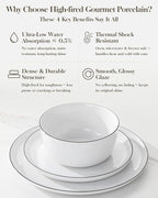 MALACASA 18 Pieces Gourmet Porcelain Dinnerware Sets, Premium Plates and Bowls Set, High-Fired Dishes Set for 6, Chip & Scratch Resistant, Microwave Dishwasher Safe, White & Black Rim, Series LEXI