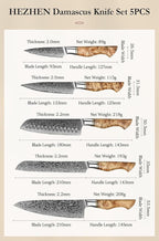 HEZHEN Damascus Kitchen Knives Set, Damascus Steel Japanese Style Chef Knife Utility Knife Santoku Knife,Figured Sycamore Wood Handle