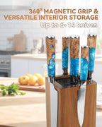 Magnetic Knife Block 360° Rotating Wood Universal Knife Holder with Four Side Ultra Strong Magnets, Knife Storage Rack with Removable Bristles, Multifunctional Storage for Kitchen Counter Top