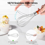U-Taste 9" Small Egg Whisk: 18/10 Stainless Steel Kitchen Cooking Wire Balloon Wisk, Heavy Duty Metal Beater Stirrer, Manual Baking Tool with 6 Flex Wires for Hand Mixing, Blending Sauce (Orange)