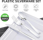 N9R 200PCS Silver Plastic Silverware Disposable Silver Plastic Silverware Cutlery Set, 100 Forks, 50 Spoons, 50 Knives for Party, Birthday, Wedding
