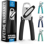 Zulay Kitchen Heavy Duty Stainless Steel Manual Can Opener – Ergonomic Soft Grip Handles, Smooth Edge Cutting Wheel & Large Built In Bottle Opener – Easy Turn Knob for Effortless Use - Black