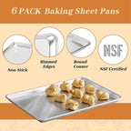 6 Pack Full Size Baking Sheet Pans, Aluminum Commercial Cookie Sheets Non-Stick, 26"x18"