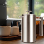 12 OZ French Press Coffee Maker, Sturdy Insulated Full Stainless Steel Coffee Press, Mini Small Camping French Presses Maker, 1-2 Cup Teapot for Kitchen Travel Elegant Silver 350ml