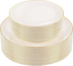 PULOTE 60 PCS Ivory Plastic Plates - Cream Plastic Disposable Include 30 Dinner and 30 Dessert Plates with Gold Rim - Ideal for Party & Wedding