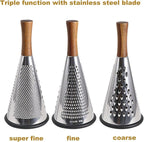 Cone Cheese Grater with Handle - Stainless Steel Triple Function Wood Handle Parmesan Shaver Non-Slip Rubber Bottom Hand Held Multifunction Vegetables Cheese Grater with container (M: 9.4" X 4.3")