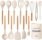 Country Kitchen Non Stick Silicone Utensil Set with Rounded Wood Handles for Cooking and Baking, 14 Piece Set, Khaki