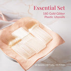 Prestee 180 Gold Glitter Plastic Silverware Cutlery Set - Gold Plastic Silverware Disposable Flatware with 60 Forks, 60 Spoons, 60 Knives - Suitable for Parties, Fancy Party Utensils