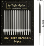by Tugba Aydan - Silver Birthday Candles - 24 Count Long Thin Silver Birthday Candles for Cake, Metallic Cake Candle for Birthday, Party Candles