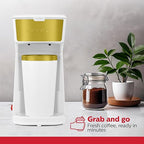 Holstein Housewares Personal Coffee Maker with 14oz Travel Mug – Compact One-Touch Brew Machine with Reusable Filter, Auto Shut-Off, Non-Stick Plate, Ideal for Home, Office, or Dorm. White & Gold