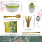 Matcha Whisk Set, 7-Pcs Matcha Set Includes Gradient Ceramic Matcha Bowl and Chasen Holder, Bamboo Whisk, Stainless Sifter, Teaspoon, Tea Towel, Spoon, Matcha Kit for Tea Lovers (Green)