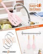 Pack of 2 Silicone Spatula, Non Stick Cooking Utensil Set Wooden Handle Kitchen Turner for Baking Mixing Grilling Serving Food Heat Resistant Non Scratch Hooks Included (Pink)