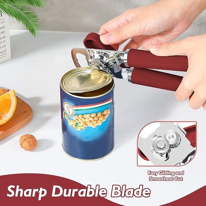 10 Colors Can Opener Manual Handheld Heavy Duty Hand Can Opener Smooth Edge Stainless Steel Can Openers Top Lid Kitchen Gadgets, Best Large Rated Easy Turn Knob, with Bottle Opener, Burgundy
