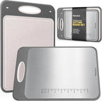 2 Pack Double Sided Stainless Steel Cutting Board Set - 16x11" + 14x9" - Non Slip Chopping Boards for kitchen with Deep Juice Groove, Built-In Measurement Scale, Garlic Grater, & Easy to Clean