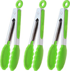 Mini Tongs with Silicone Tips 7 Inches Silicone Cooking Tongs, Set of 3 (Green)