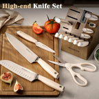 Astercook Knife Set Kitchen with Block and Sharpener Premium Full Tang 17 Pcs German Stainless Steel Knives Dishwasher Safe Kitchen Utensils Set with with and Anti-slip Ergonomic Handle, Cream White