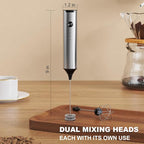 Rechargeable Milk Frother with Stand, 3 Speeds Drink Mixer Handheld with 2 Heads, Electric Frother Wand for Coffee, Latte, Cappuccino, Hot Chocolate, Matcha and Egg Mini Frother, Silver