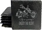 Coast in Style: Rustic Slate Coasters with Motorcycle Design - Square Slate - Set of 8