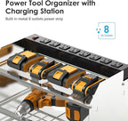 CCCEI Modular Power Tool Organizer Wall Mount with Charging Station. Garage Drill Storage Shelf with Hooks, Heavy Duty Rack, Tool Battery Holder Built in 8 Outlet. Gift for Men. Silver, 1 Pack.