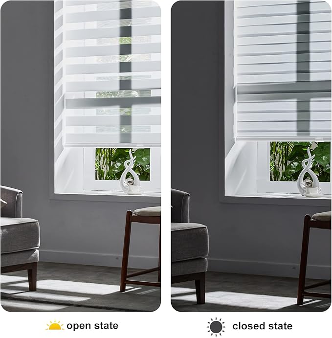 Persilux Cordless Zebra Blinds for Indoor Windows, Free-Stop Zebra Blinds Cordless, Light Filtering Sheer Shades Dual Layer for Day and Night, Zebra Roller Shades for Home (36.5" W X 64" H, White)