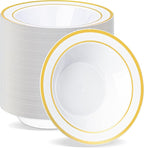 BESTVIP 100 Pack Plastic Bowls with Gold Rim, 12 oz Disposable Soup Bowls, Heavy-duty Dessert Salad Bowl for Party, Wedding, Christmas, Thanksgiving, Dinner, Catering