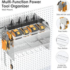 CCCEI Modular Power Tool Organizer Wall Mount with Charging Station. Garage Drill Storage Shelf with Hooks, Heavy Duty Rack, Tool Battery Holder Built in 8 Outlet. Gift for Men. Silver, 1 Pack.