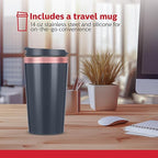 Holstein Housewares Personal Coffee Maker with 14oz Travel Mug – Compact One-Touch Brew Machine with Reusable Filter, Auto Shut-Off, Non-Stick Plate, Ideal for Home, Office, or Dorm. Rose Gold & Grey